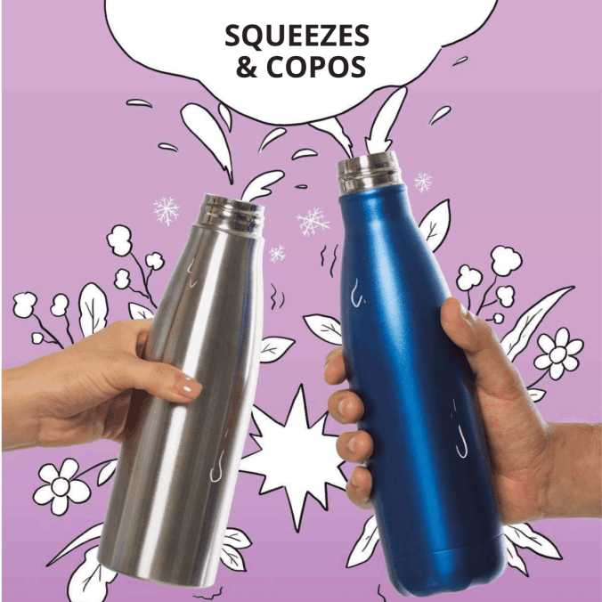 Squeezes, copos e garrafas